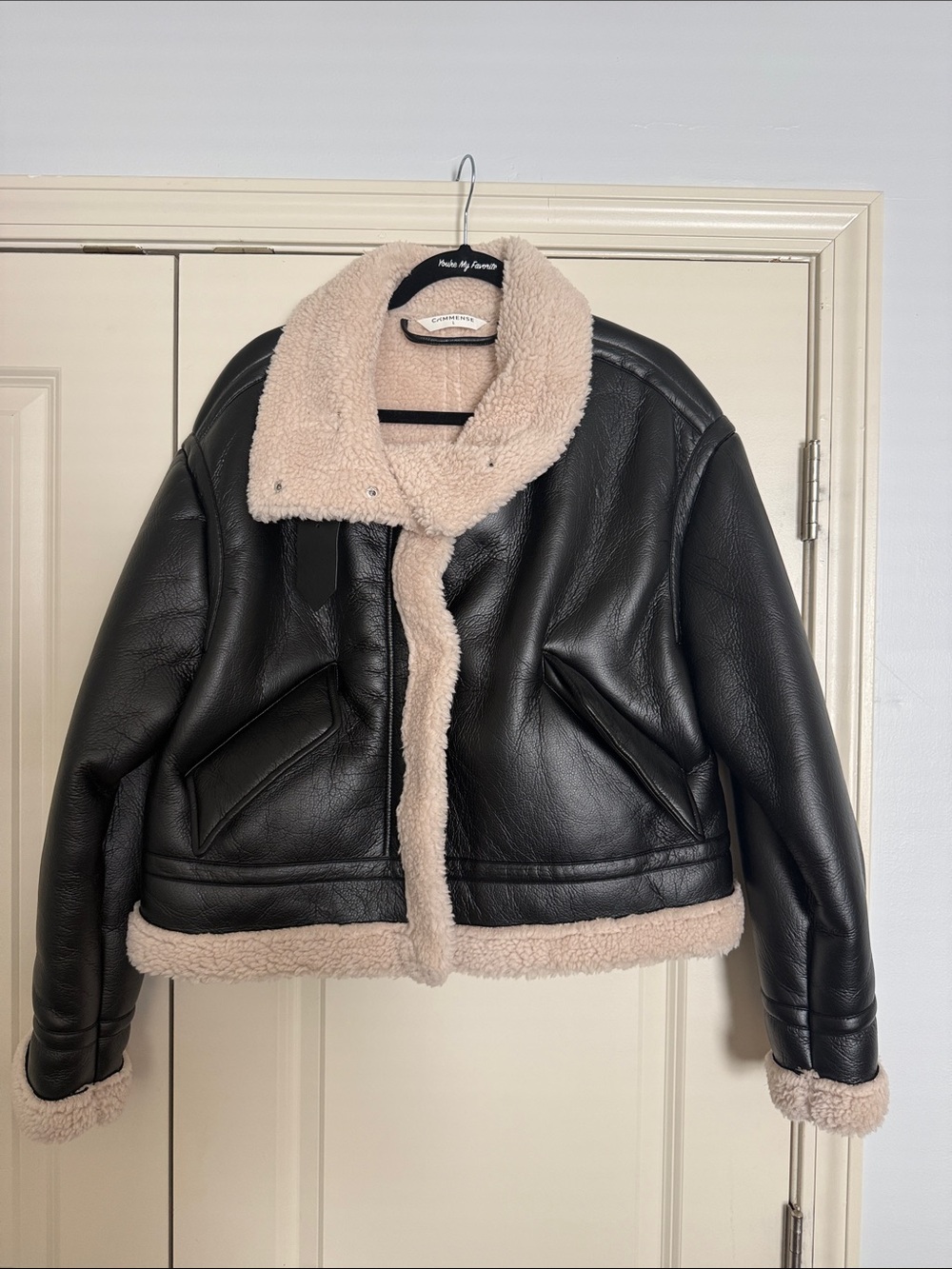 Commense Black Faux Leather Shearling-Trim Jacket